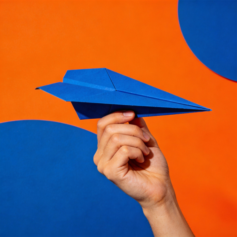 蓝纸飞机飞向橙蓝背景图片