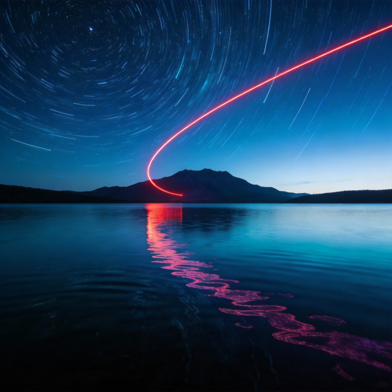 星轨映湖夜景图片