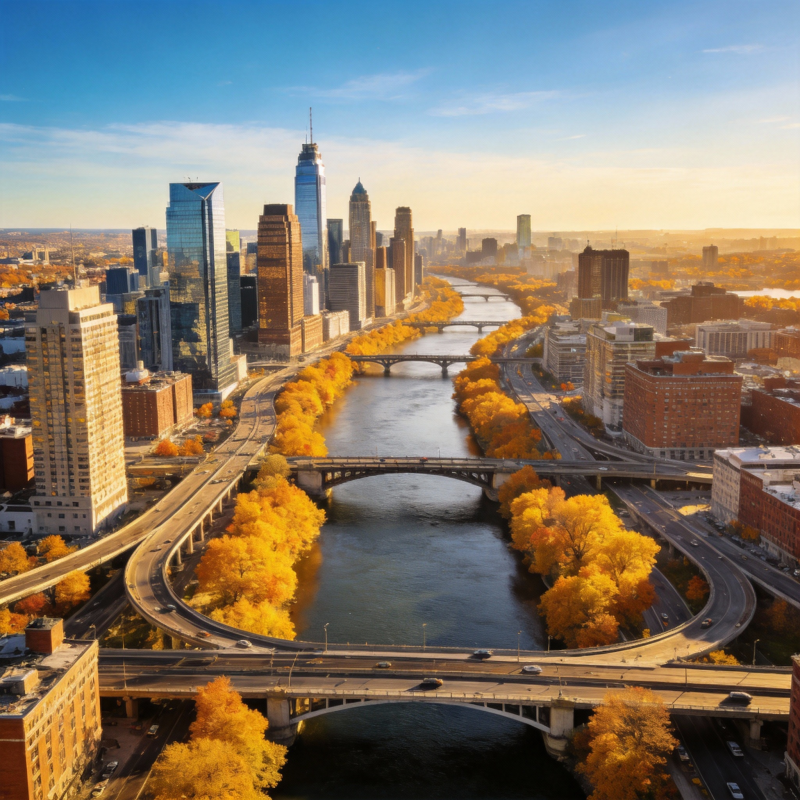 秋日城市河景图片