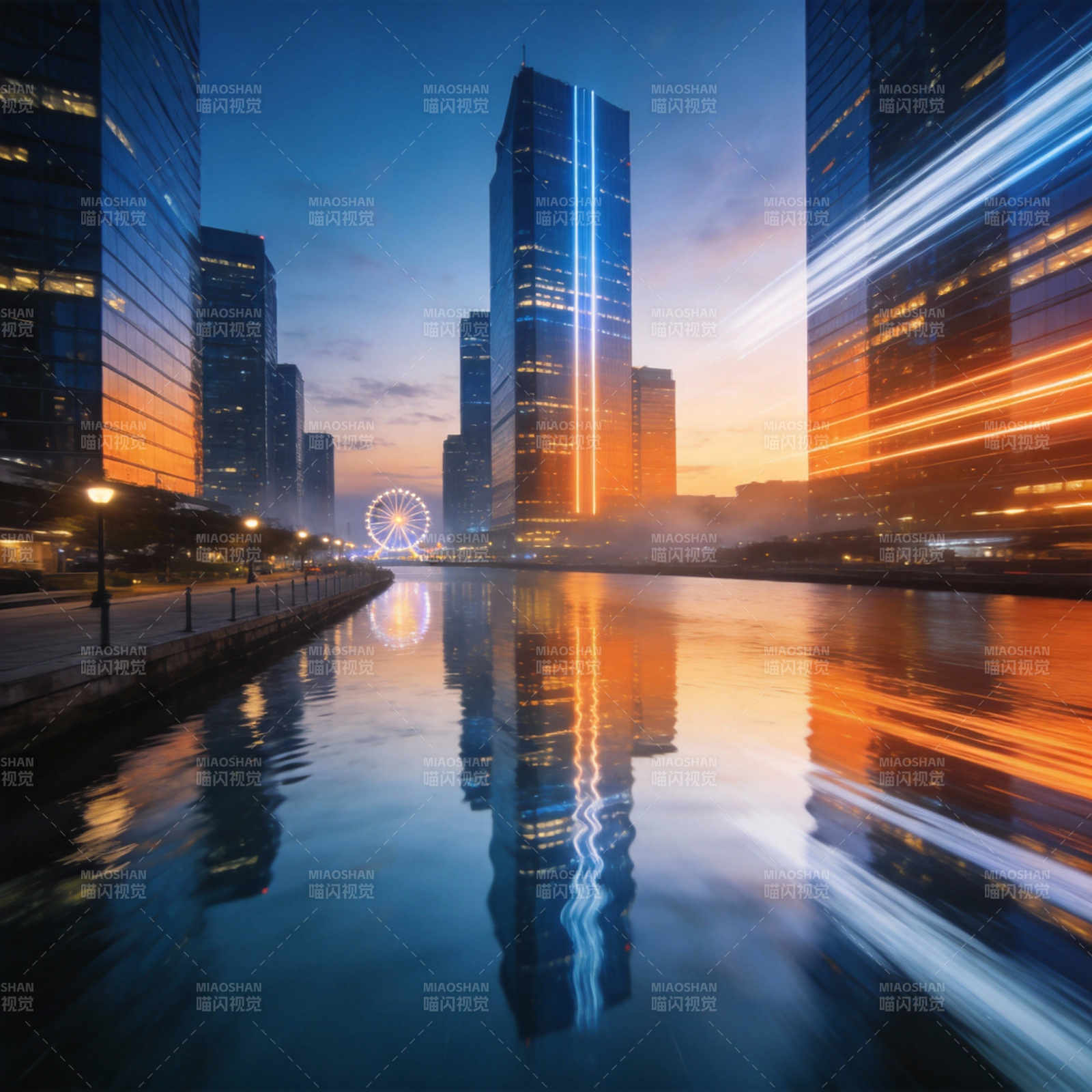 都市夜景倒影图片