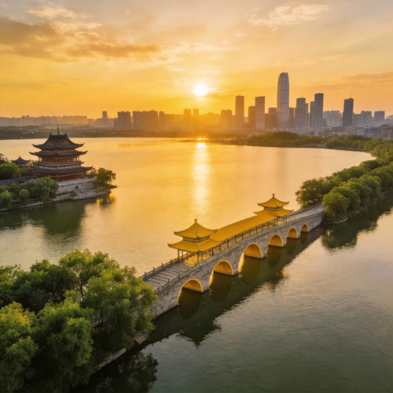 湖畔夕阳映城景图片