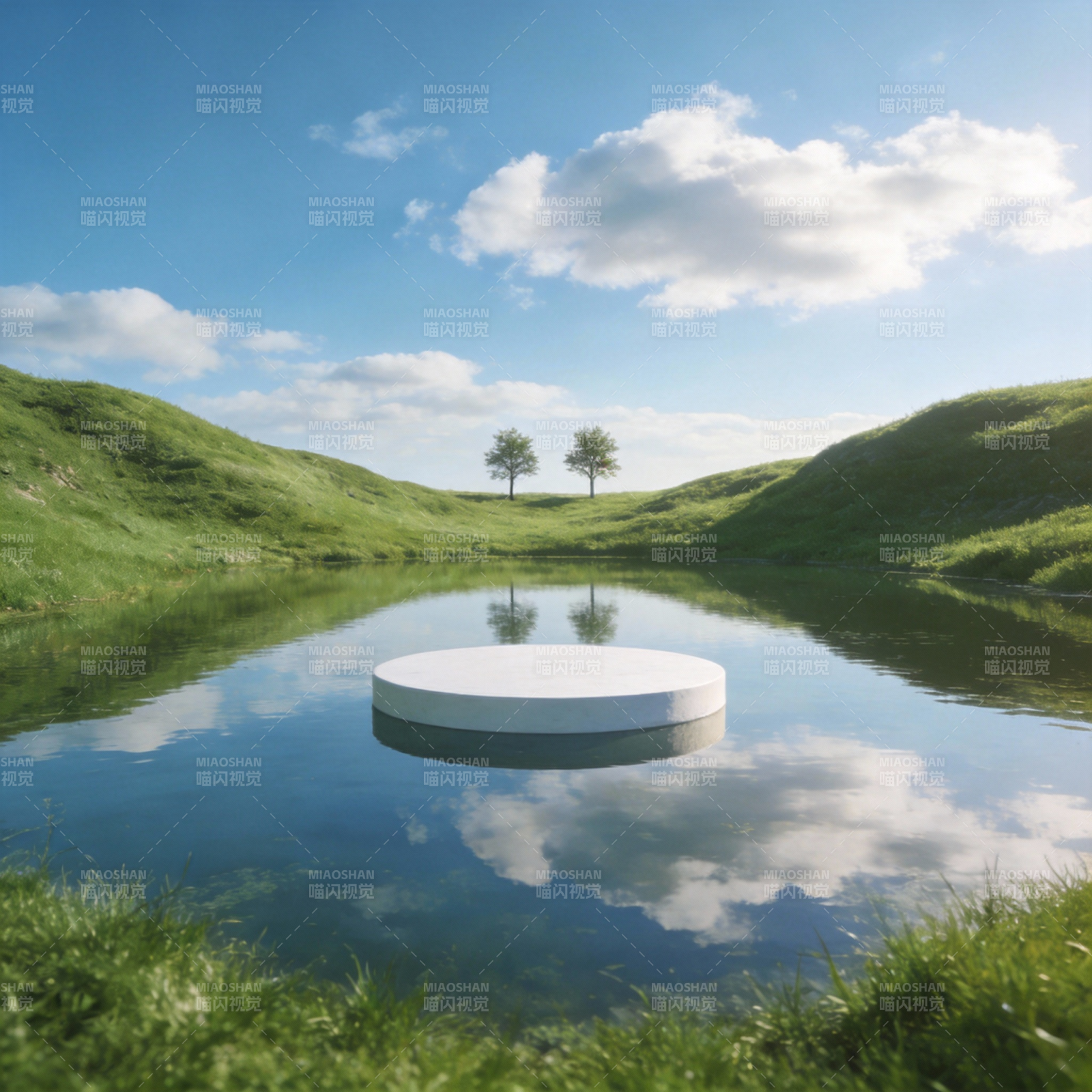 湖心白台 绿野云天图片