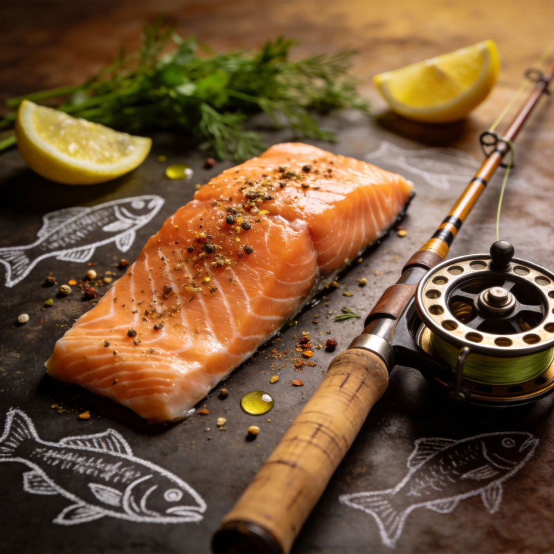 鲜美三文鱼与钓具图片