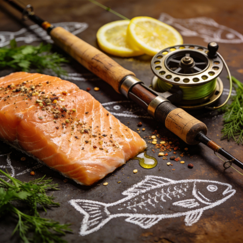 鲜鱼与钓具静物图片