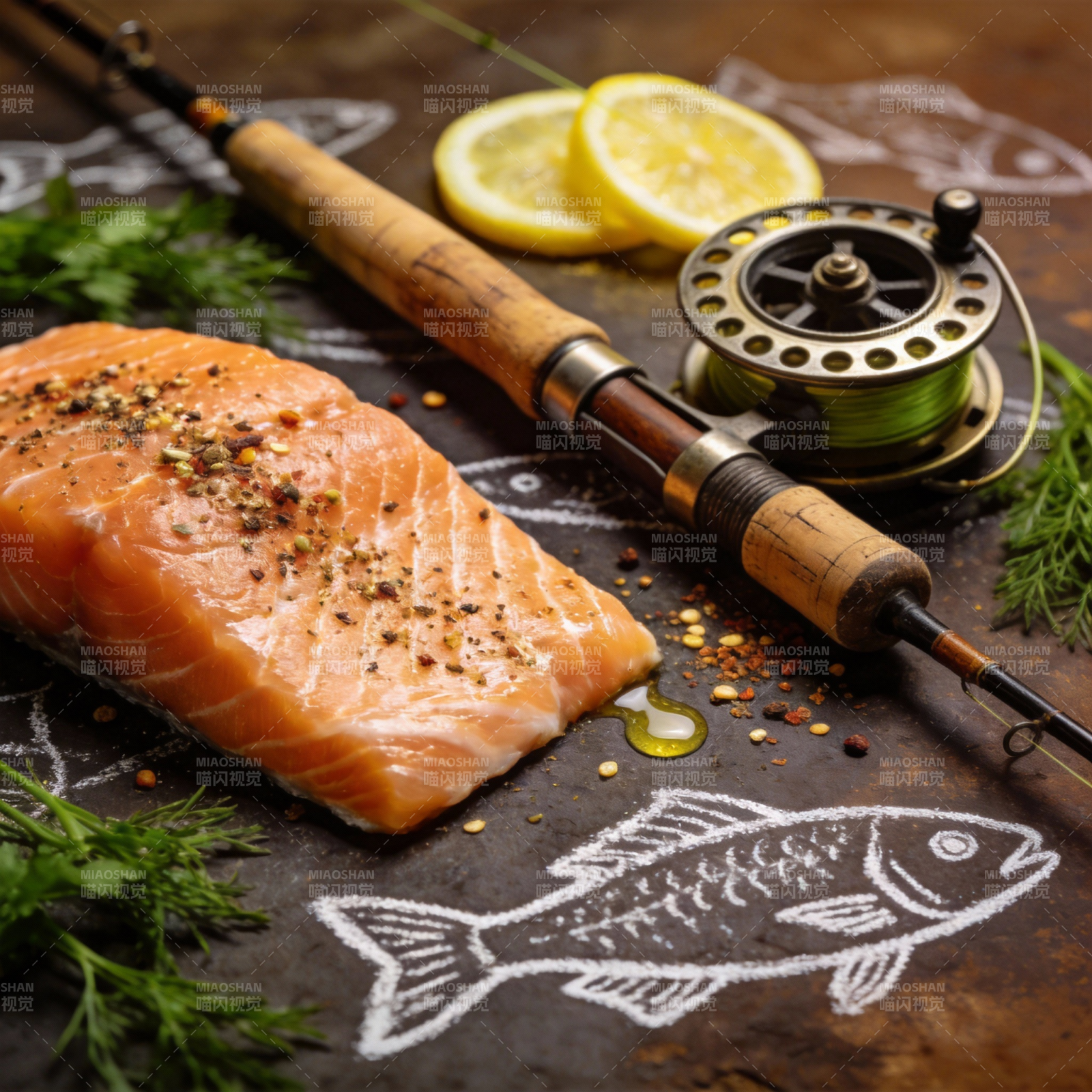 鲜鱼与钓具静物图片