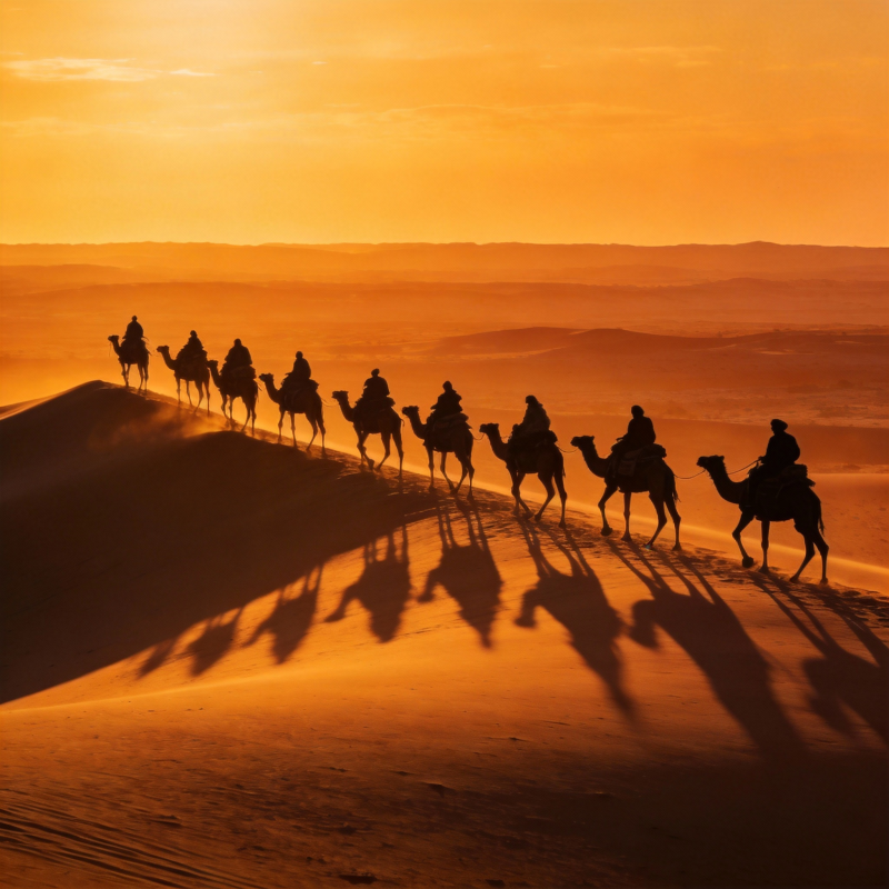 沙漠驼铃夕阳行图片