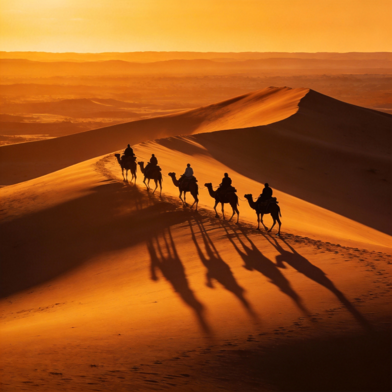 沙漠驼影夕阳图片