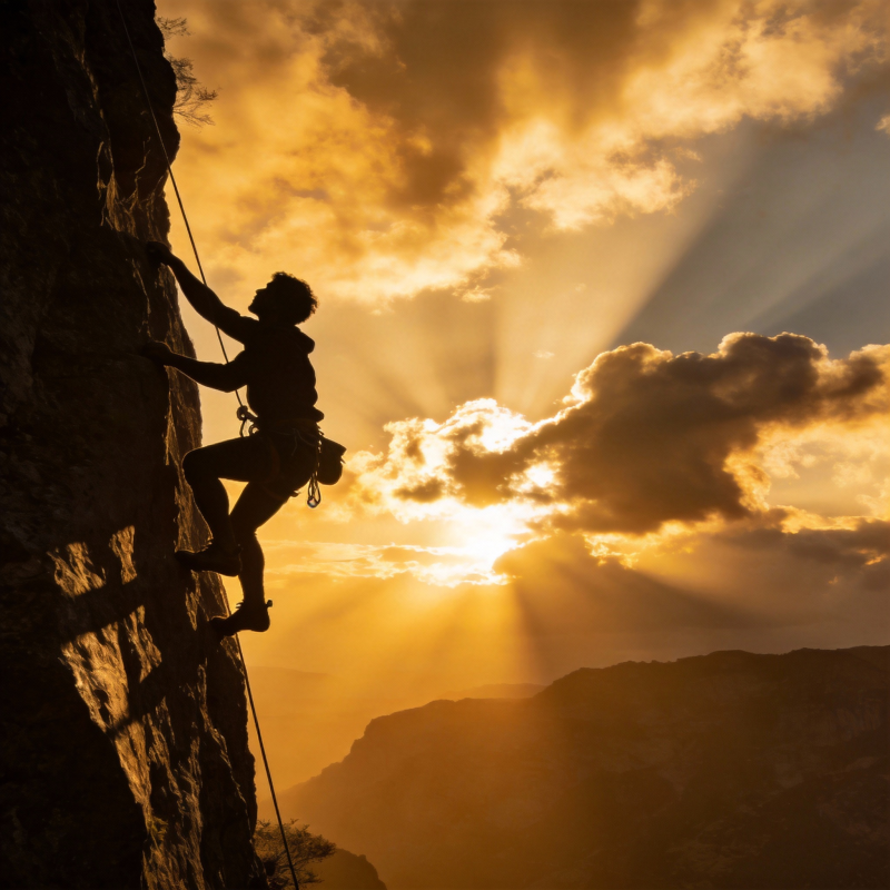 攀岩者迎着朝阳图片