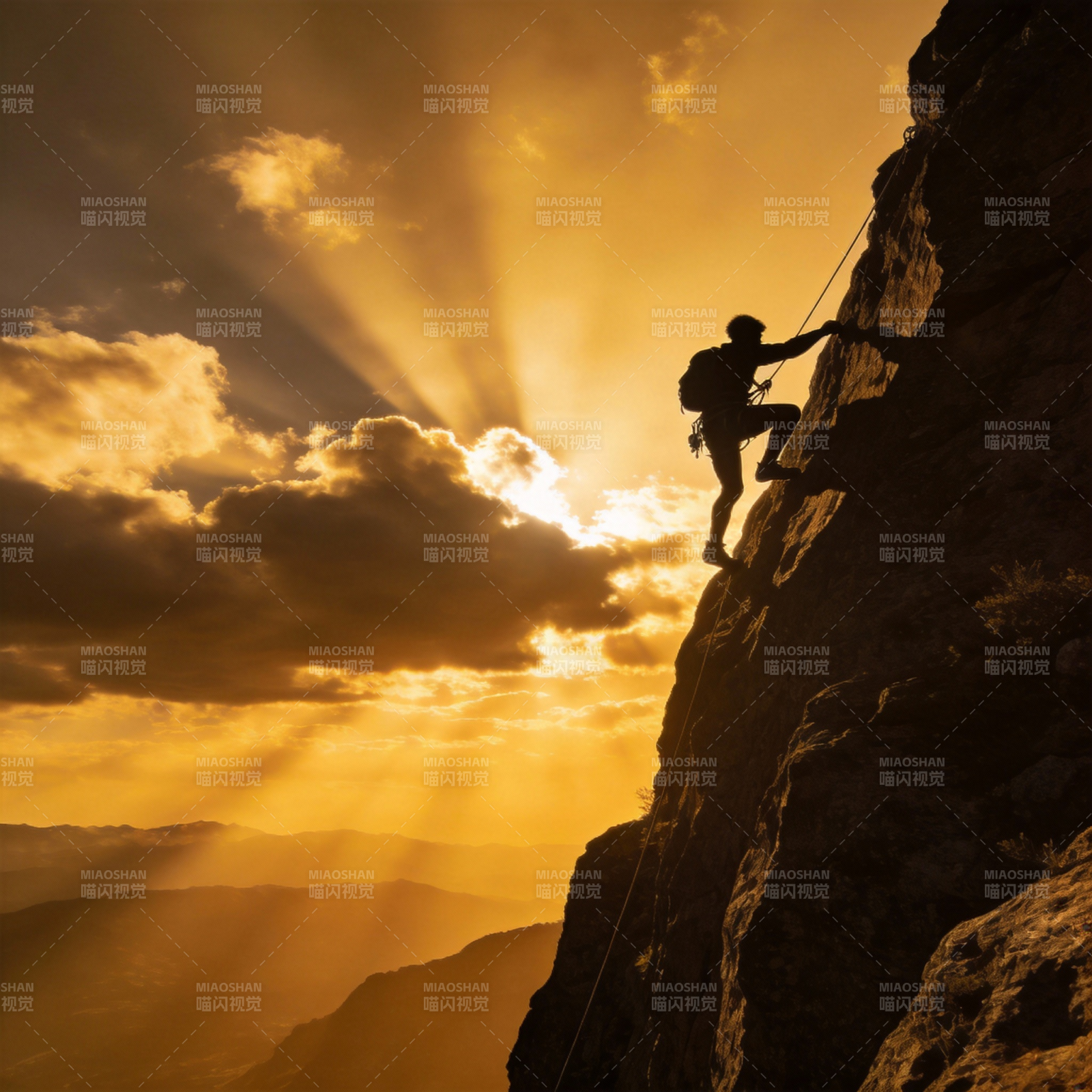 攀岩者迎着朝阳图片