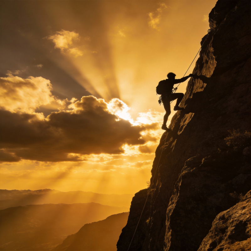 攀岩者迎着朝阳图片