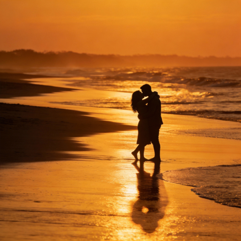 夕阳下的恋人剪影图片