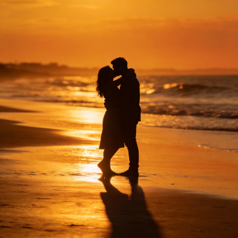 夕阳下的恋人剪影图片