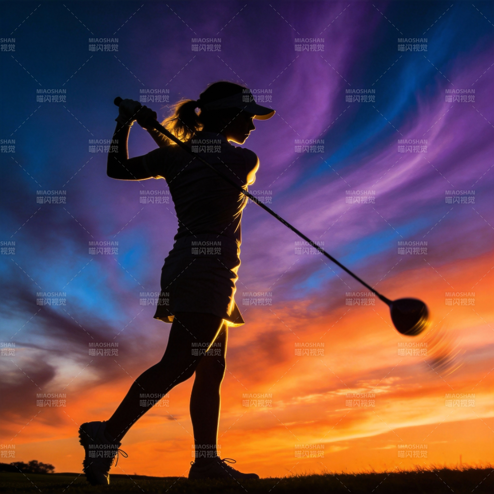 夕阳下的高尔夫挥杆图片