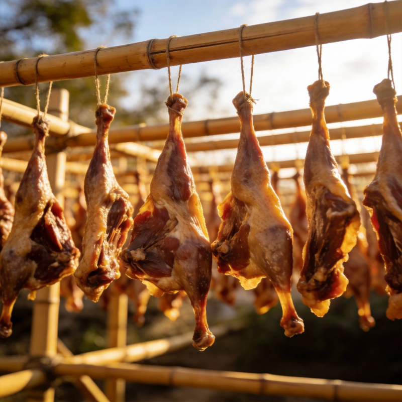 风干鸭腿悬挂竹架图片