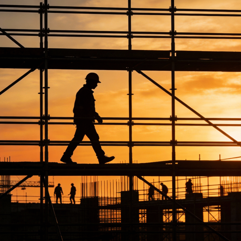 夕阳下的建筑工人图片