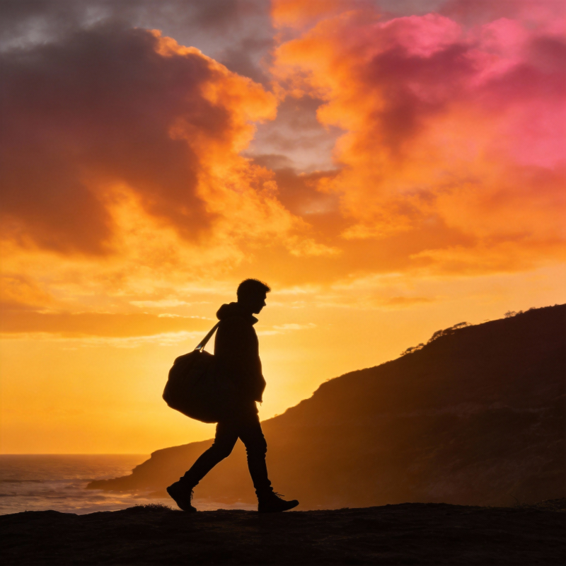 夕阳下的旅人剪影图片