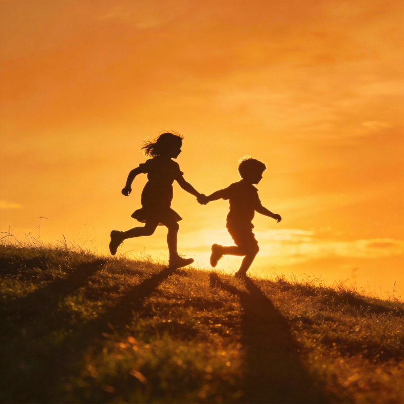 夕阳下奔跑的童影图片