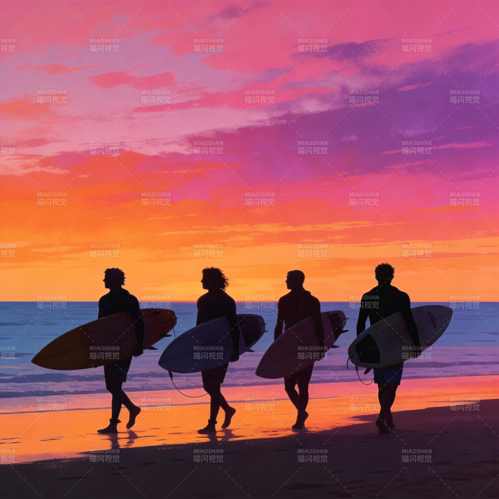 日落冲浪四人行图片