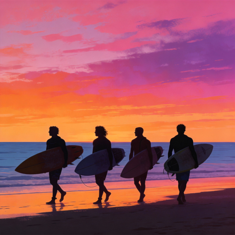 日落冲浪四人行图片