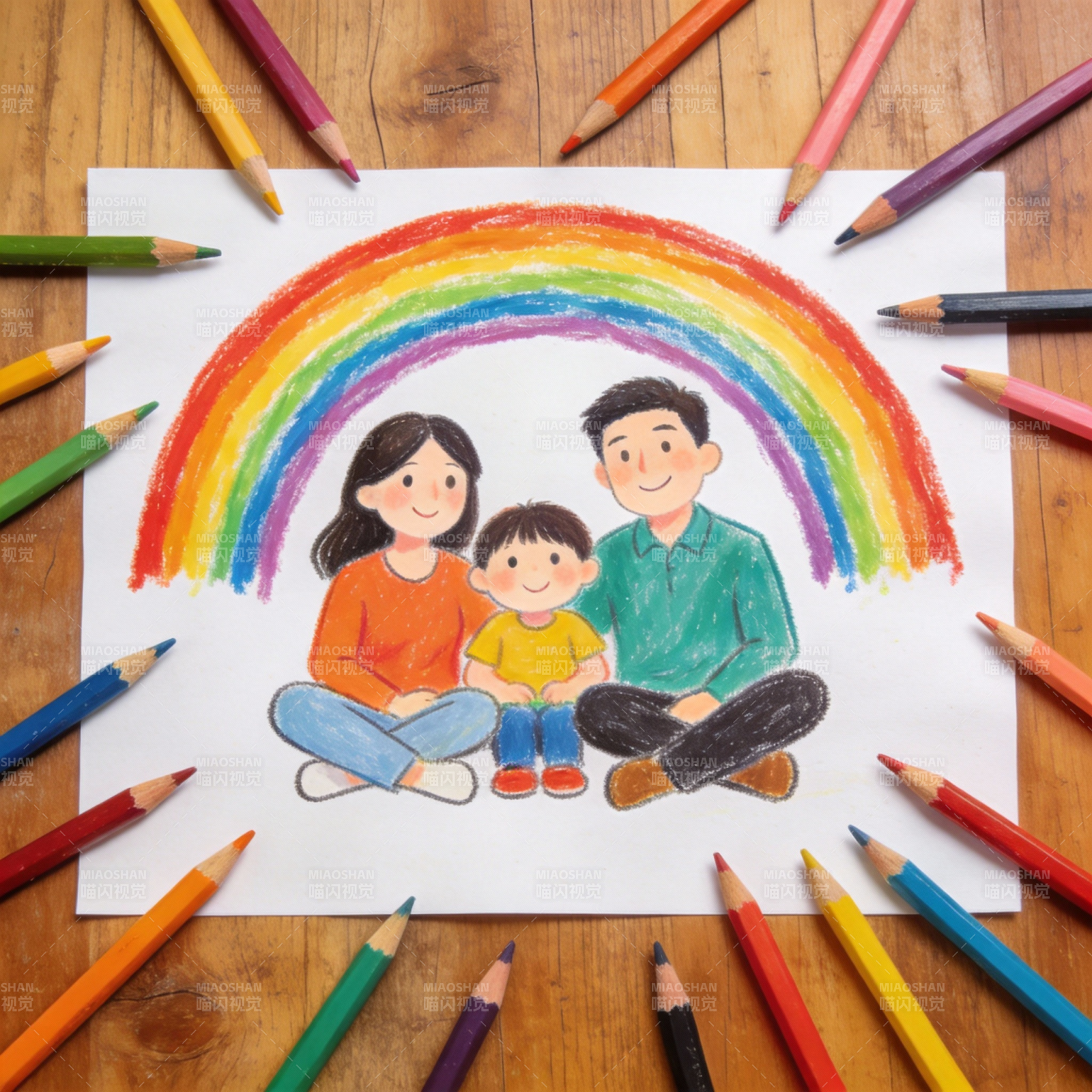 彩虹下的幸福一家图片