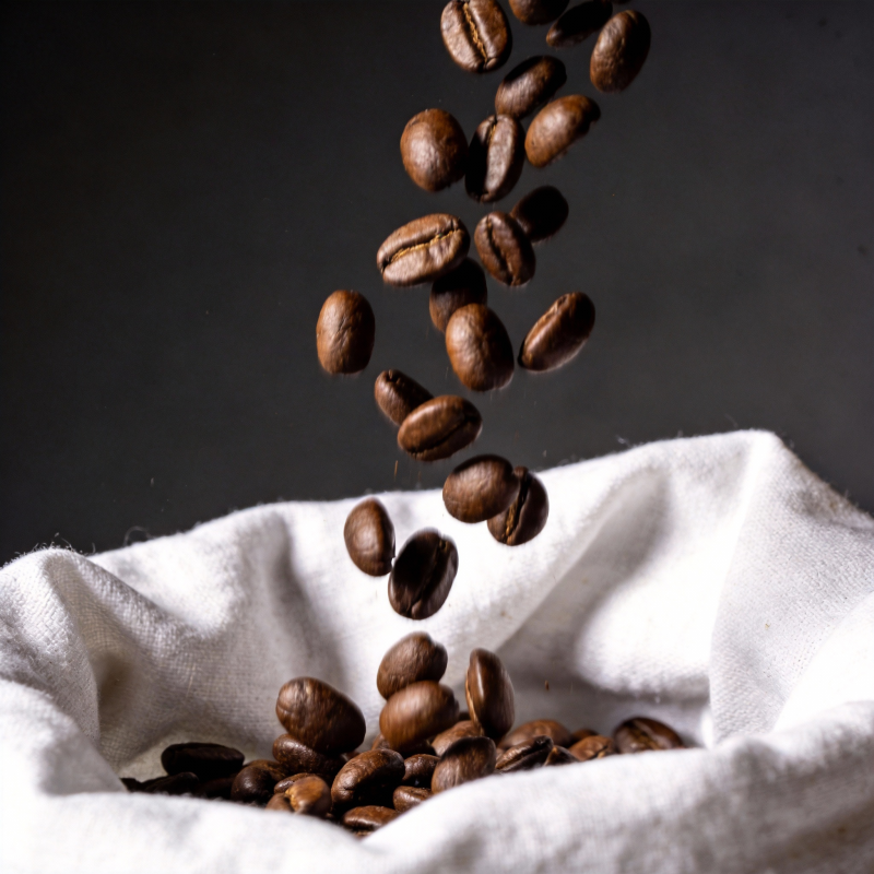 咖啡豆倾泻入布袋图片