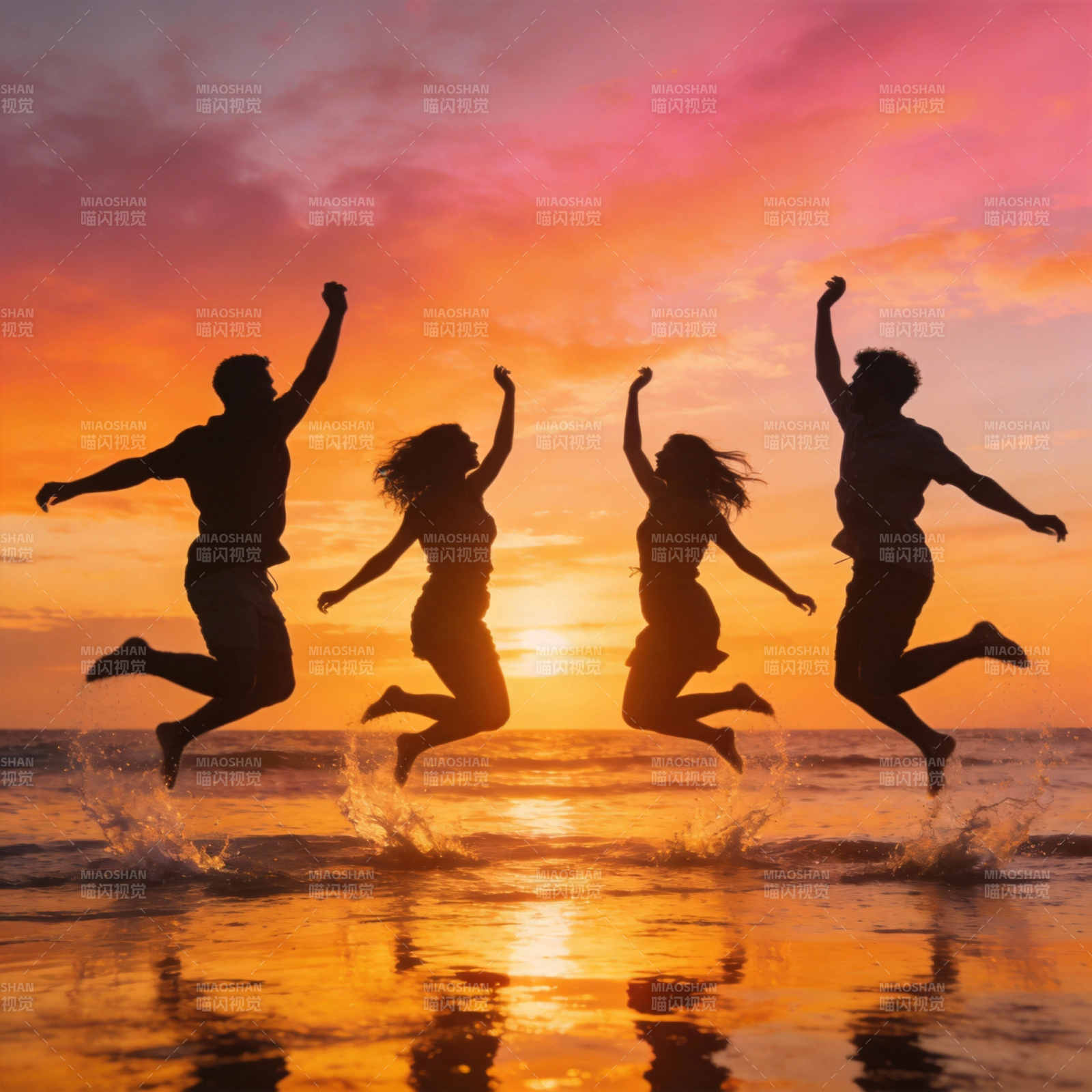 海边日落跳跃剪影图片