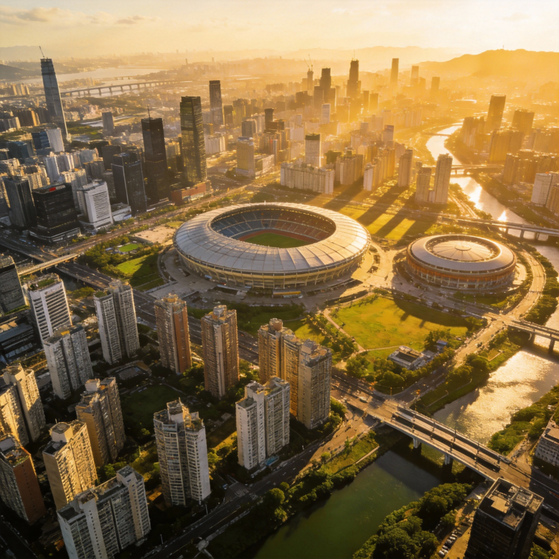 城市晨光中的体育场图片