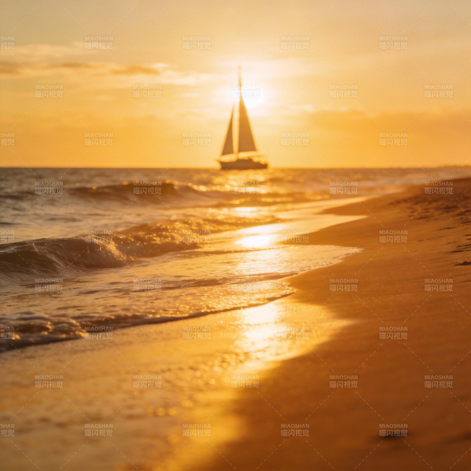 夕阳帆影海浪沙图片