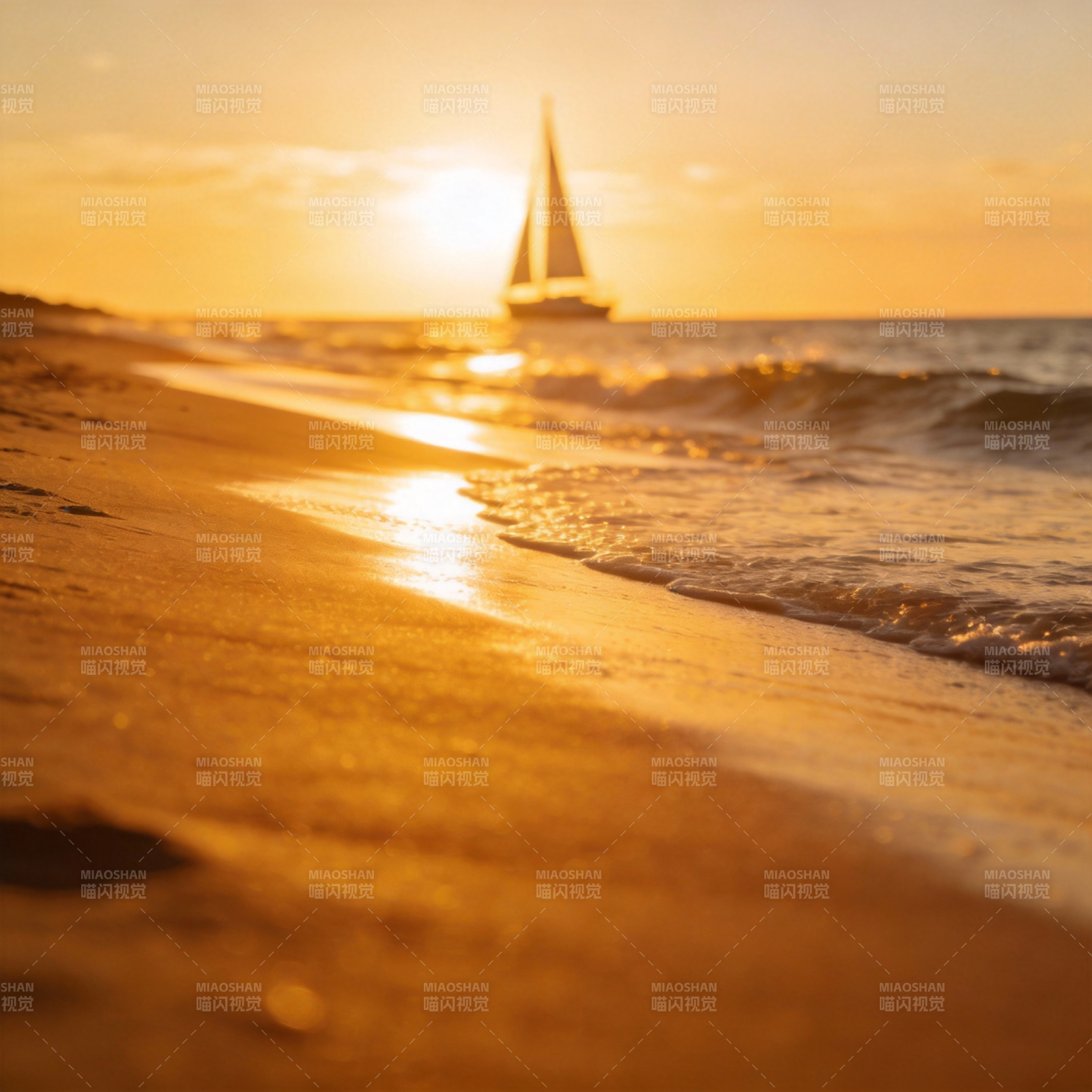 夕阳帆影海灘图片