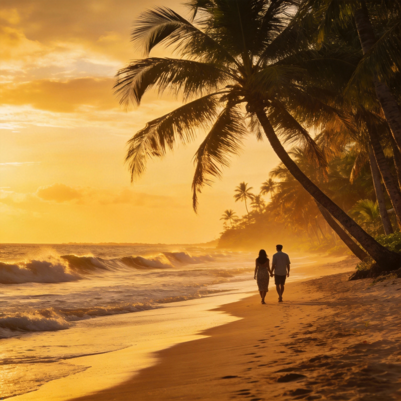 夕阳下的海滩情侣图片