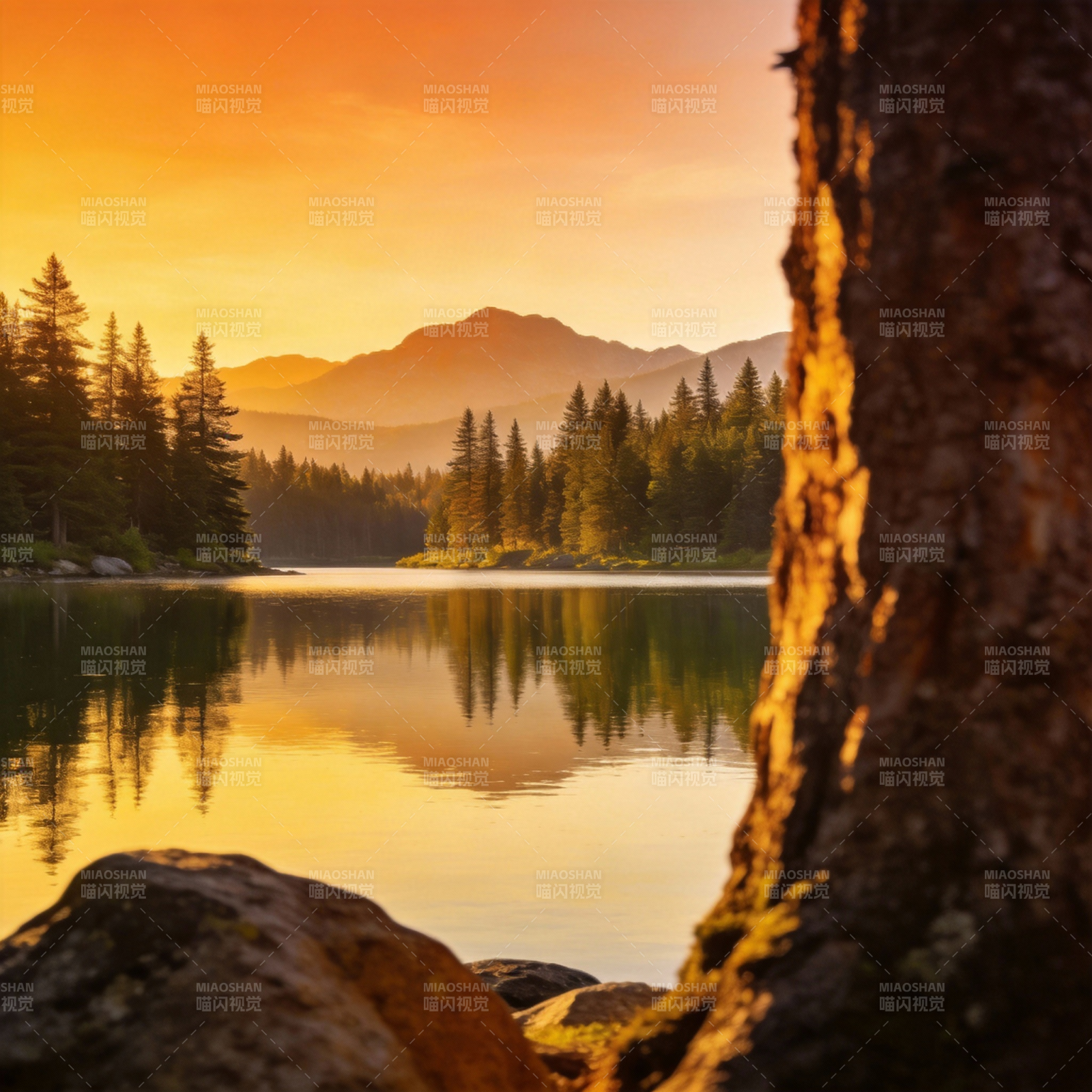 湖光山色映晚霞图片