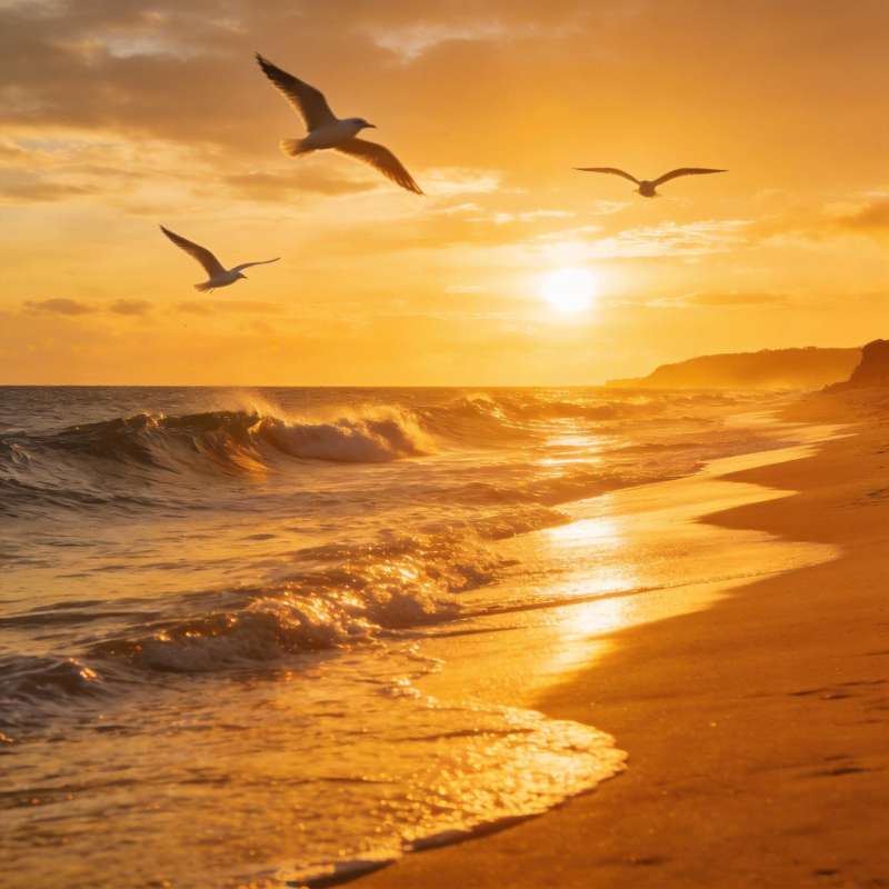 夕阳海鸥共舞图片