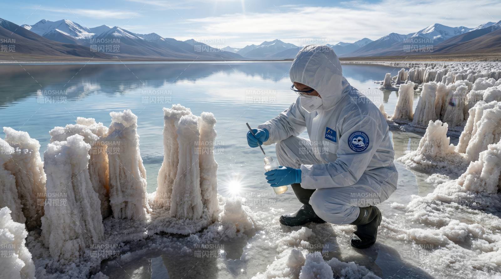 科学家采集湖中矿物样本图片