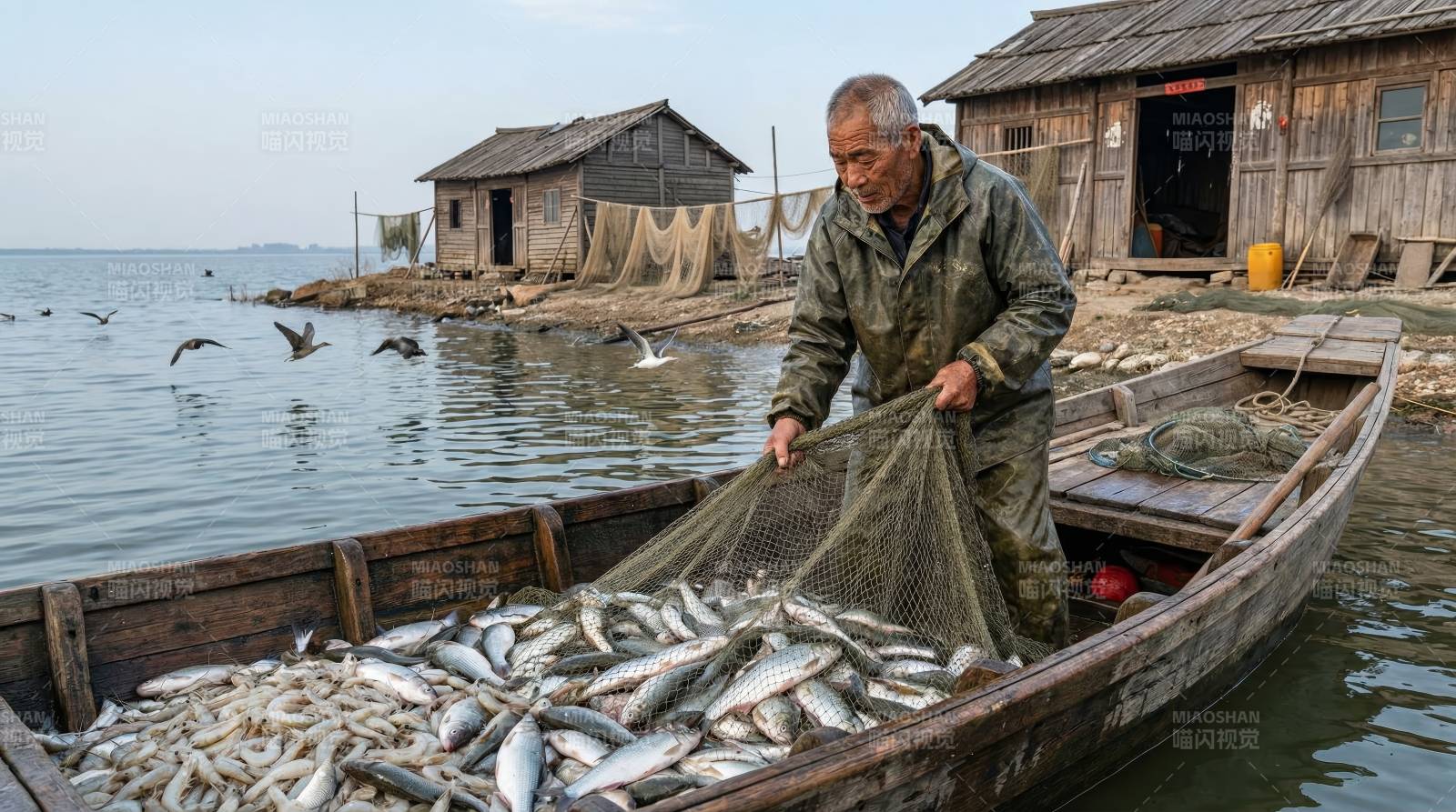渔夫收网满载而归图片