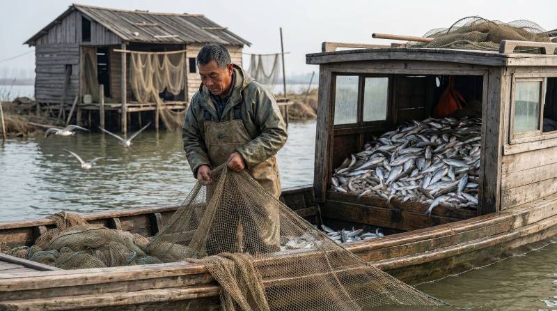 渔夫收网捕鱼图片