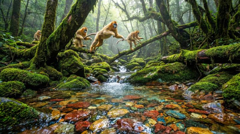 猴群戏水林间图片