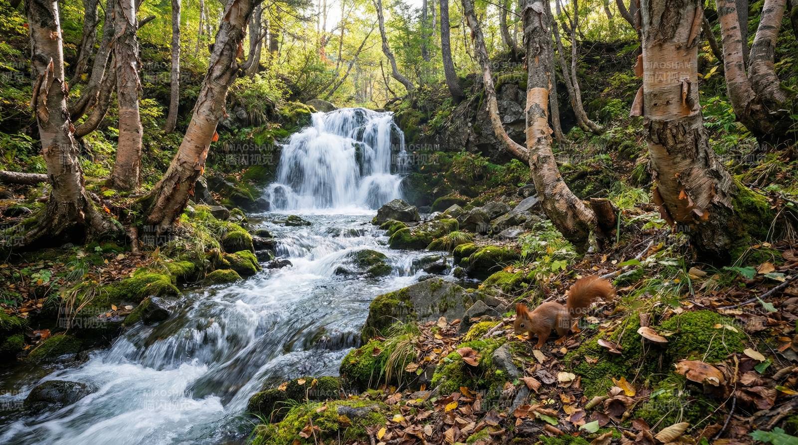 林间溪流与松鼠图片