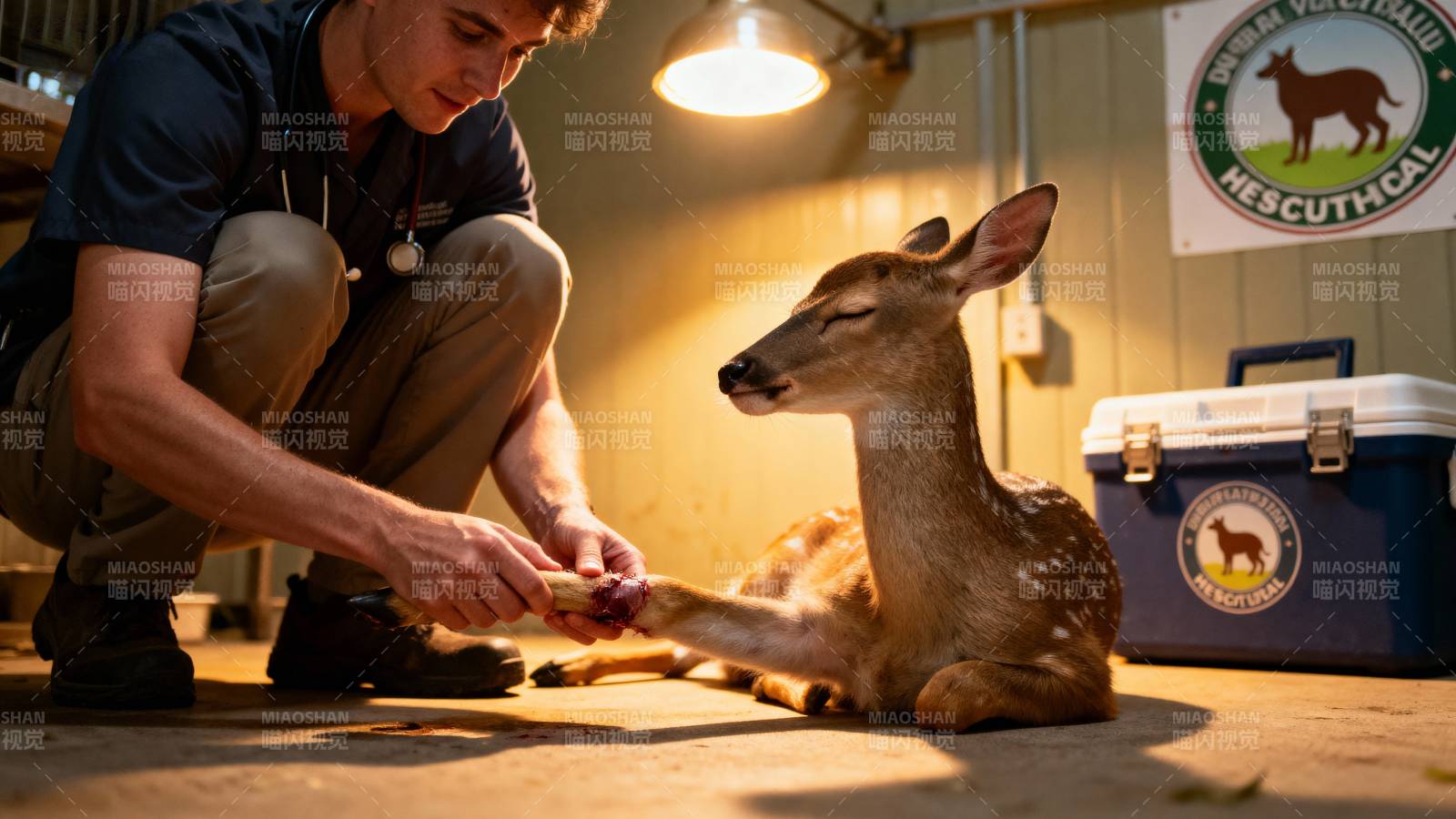 兽医照料小鹿图片