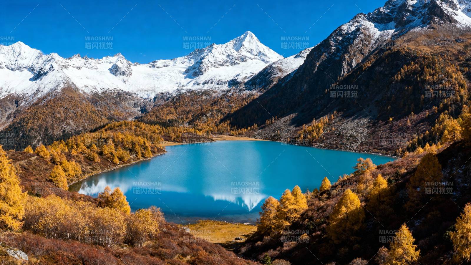 秋山碧湖映雪峰图片