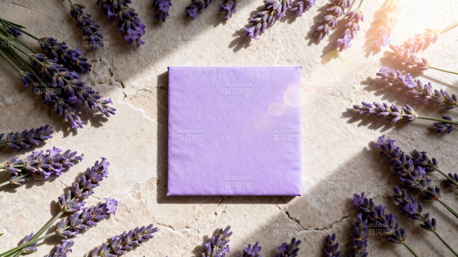 薰衣草环绕的紫色礼盒图片