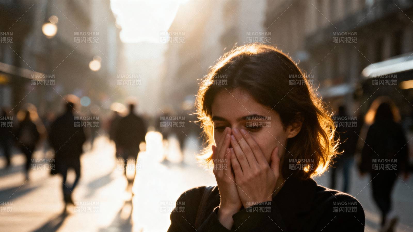 街头女子掩面沉思图片