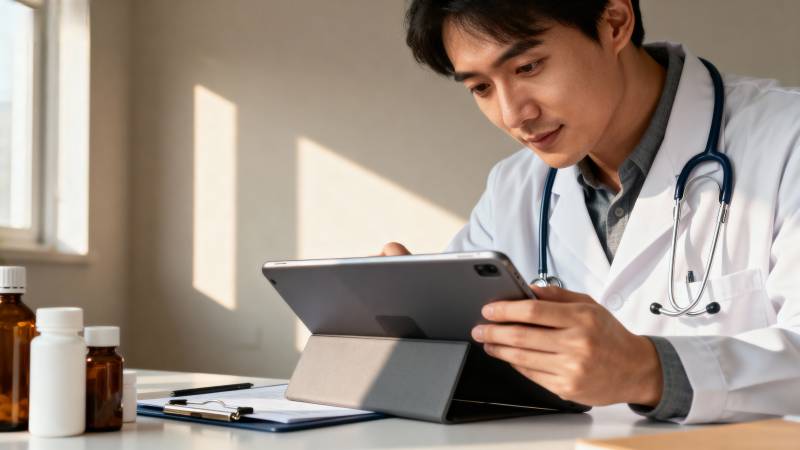 医生使用平板电脑查看资料图片