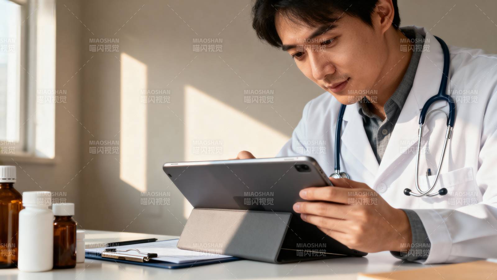 医生使用平板电脑查看资料图片