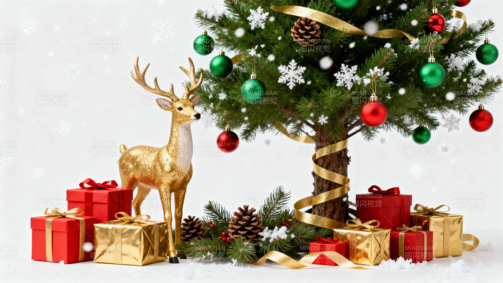 圣诞树下礼物与鹿图片