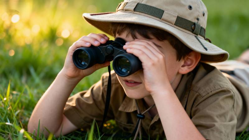 男孩用望远镜观察图片