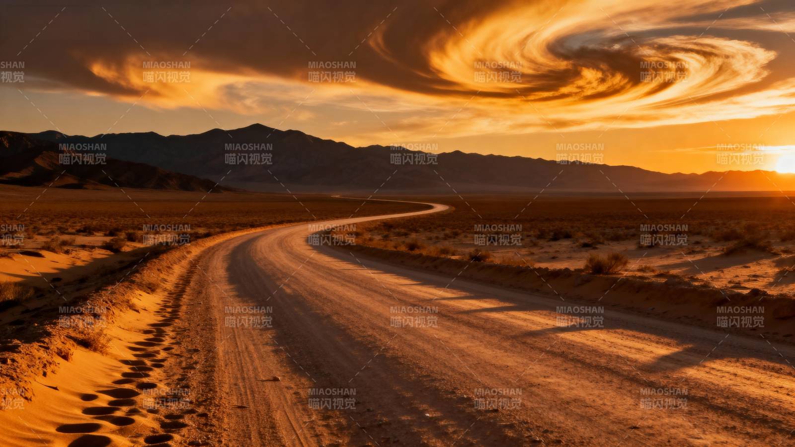 沙漠日落长路图片