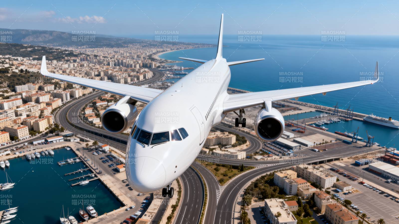 飞机飞越海滨城市图片