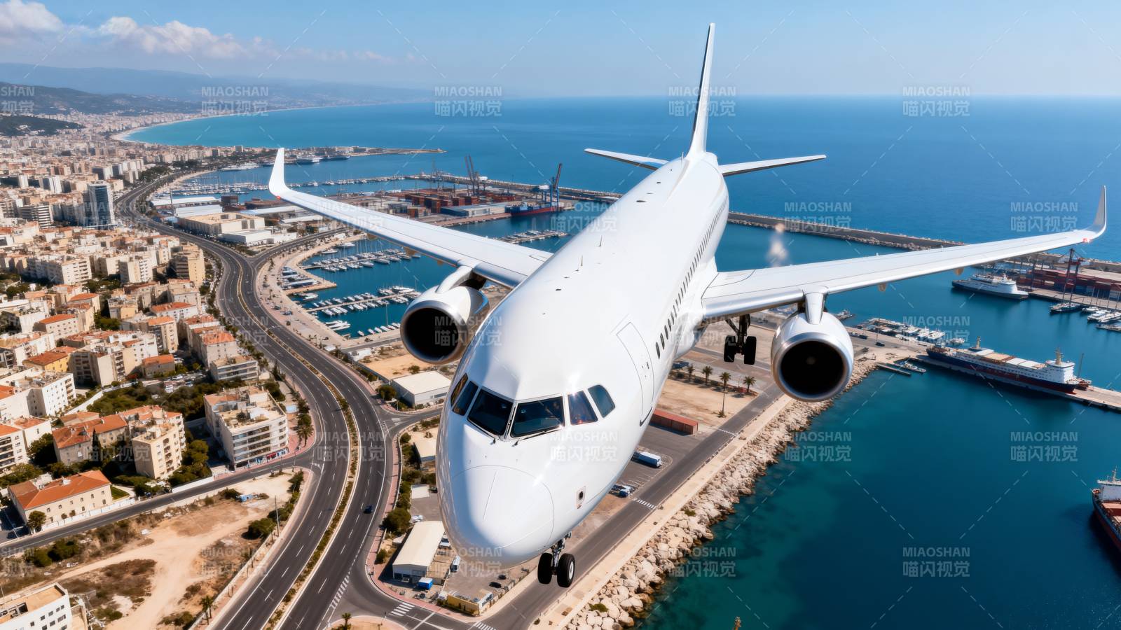 飞机飞越海滨城市图片
