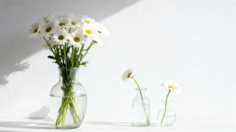 白色雏菊与透明花瓶静物图片