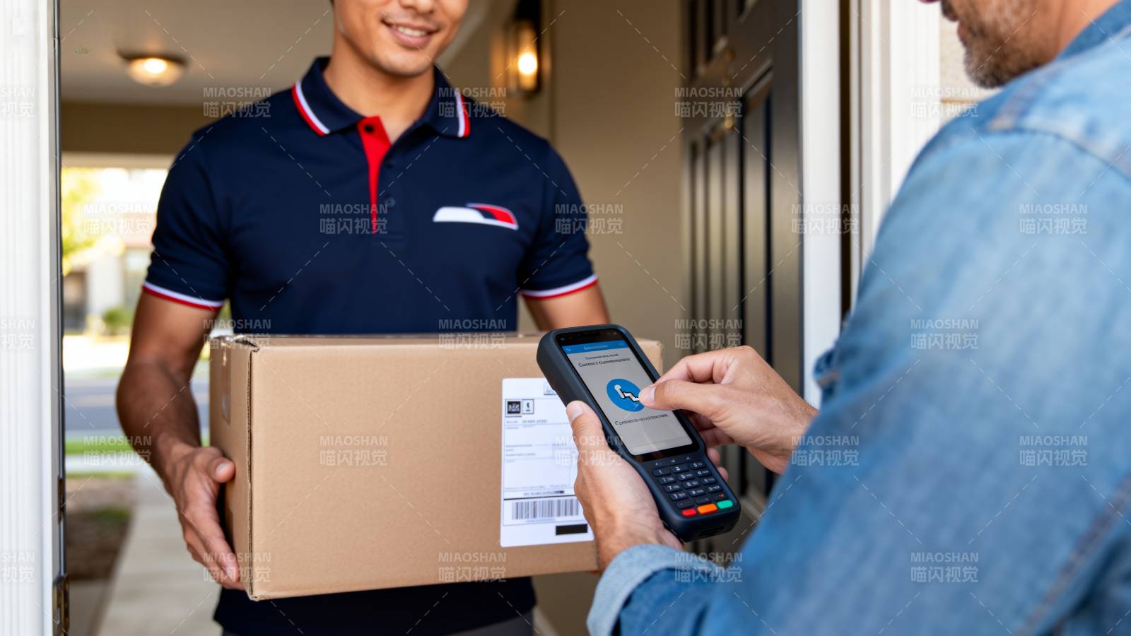 快递员送货上门图片